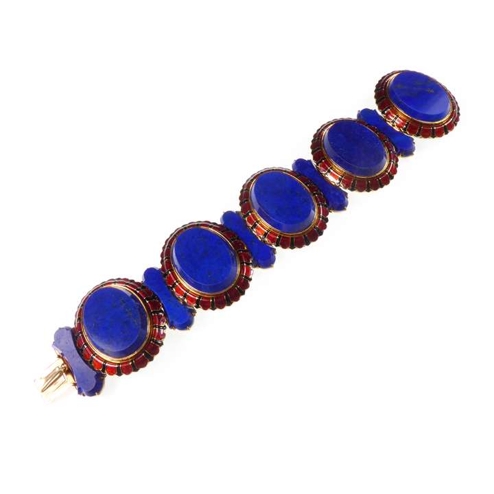 Lapis lazuli, enamel and gold oval panel bracelet